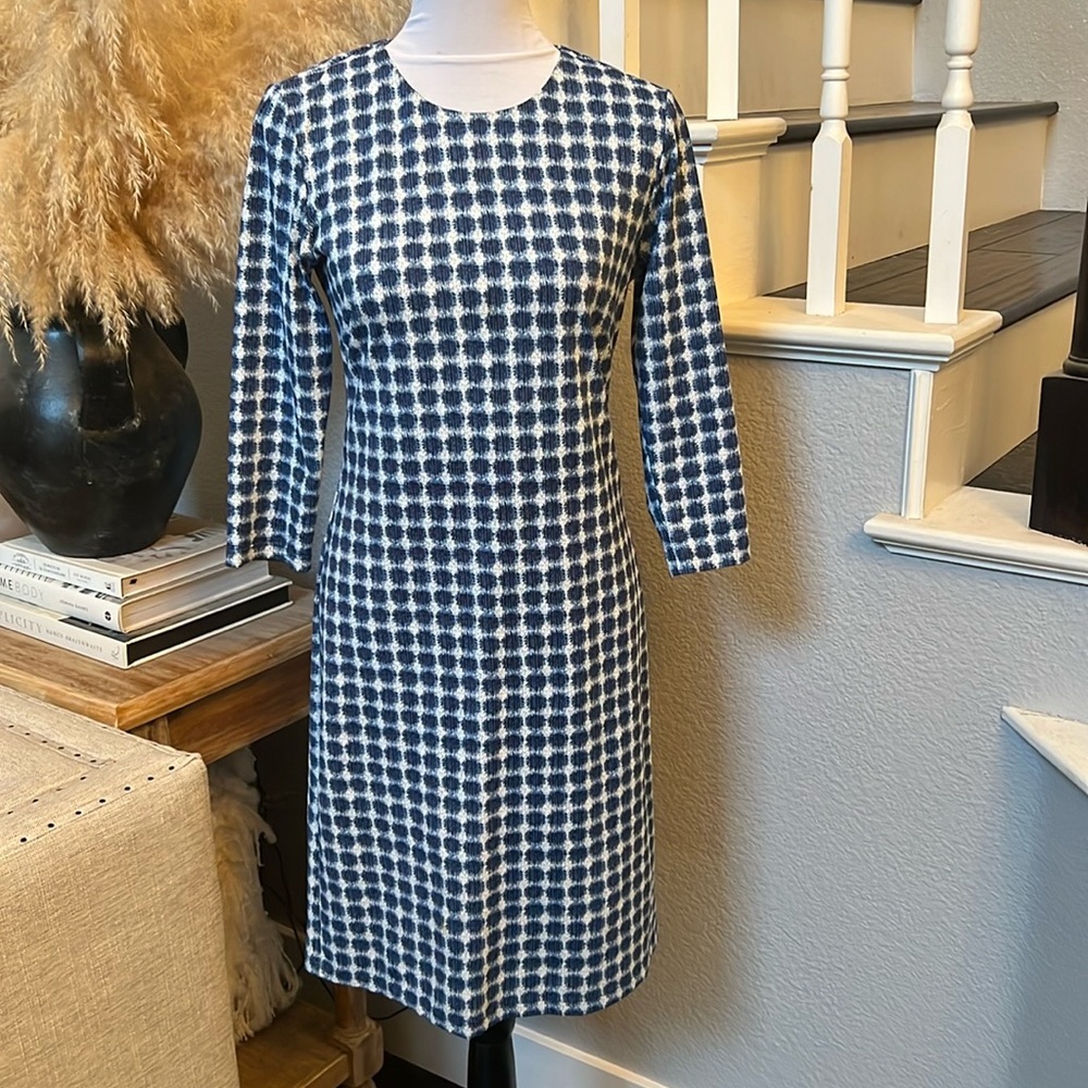 J. McLaughlin Blue White Zip Up 3/4 Sleeve Sheath Dress Size XS - Picture 2 of 8